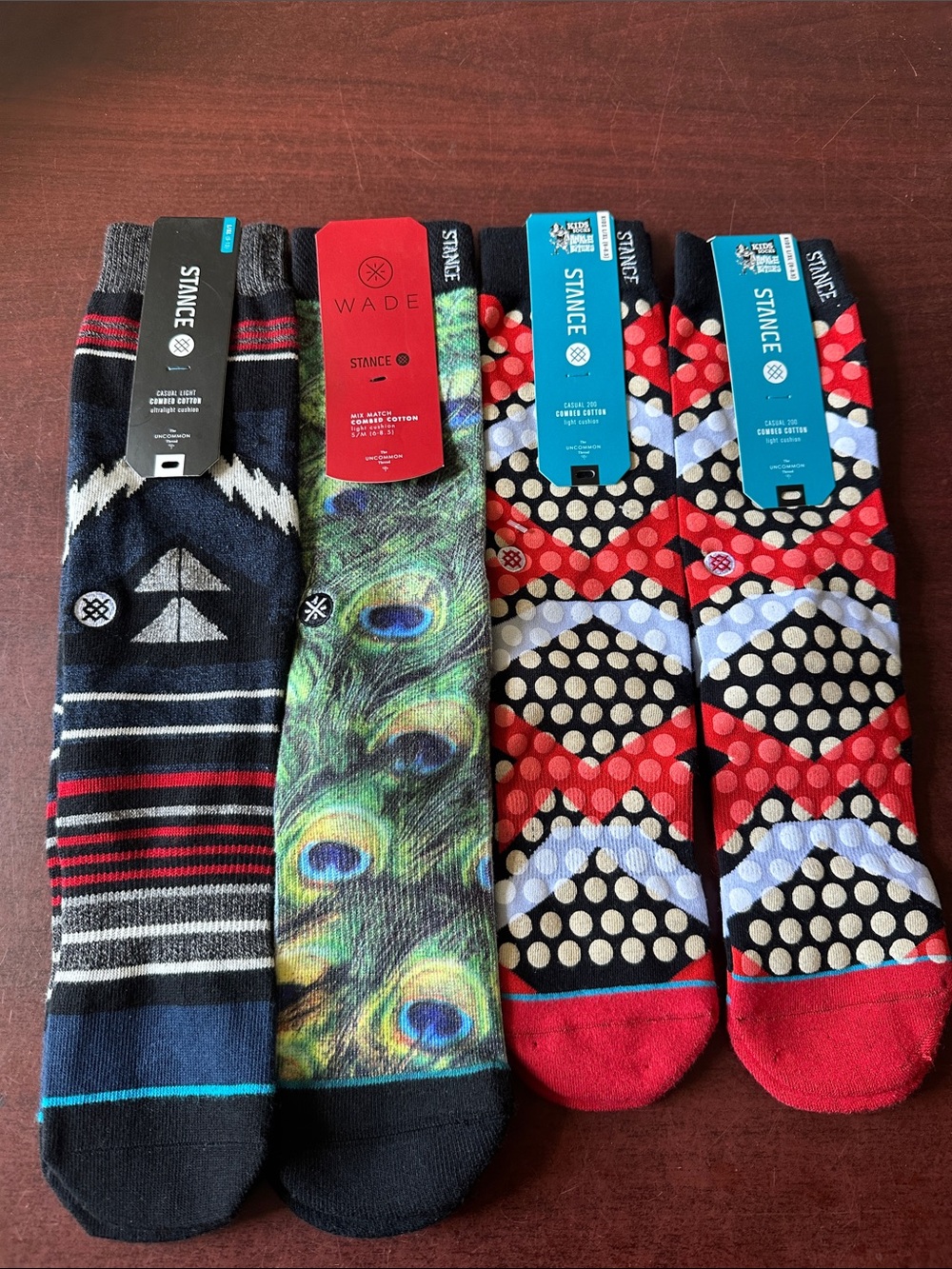 ##112, All 4 Stance Men's Crew Socks - Peacock Print, Black & Red Geometric